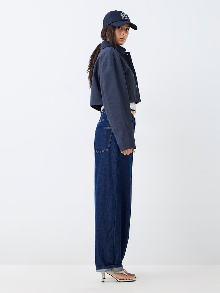 Nuon Navy Cropped Suede Jacket