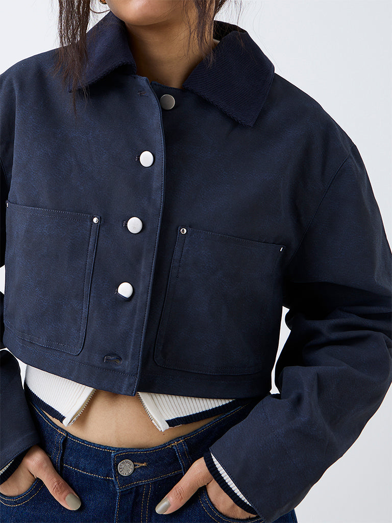 Nuon Navy Cropped Suede Jacket