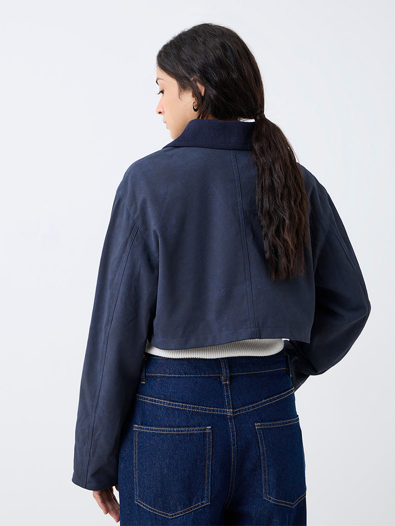 Nuon Navy Cropped Suede Jacket