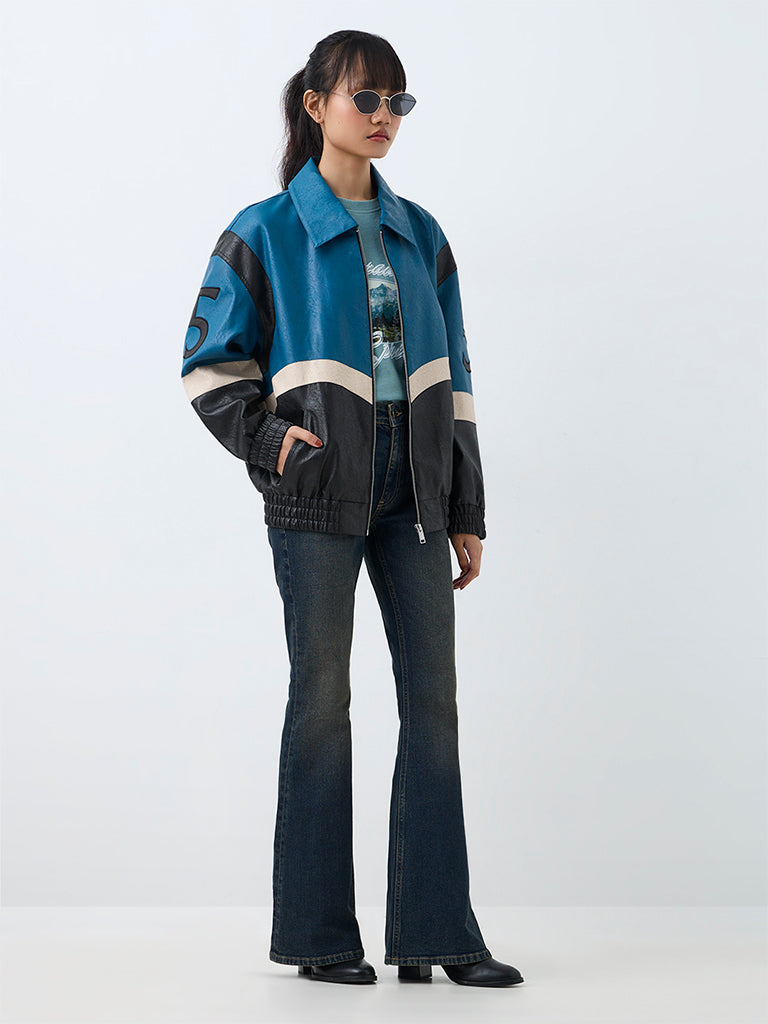 Nuon Teal Colour-Blocked Faux Leather Jacket