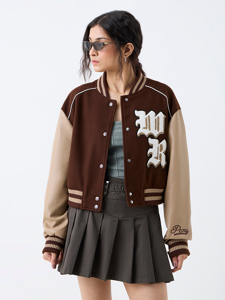 Nuon Brown Colour-Blocked Varsity Jacket