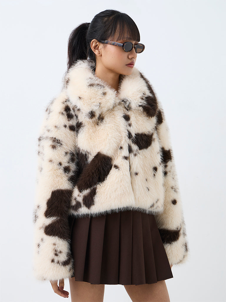 Nuon Off-White Animal Printed Faux Fur Jacket
