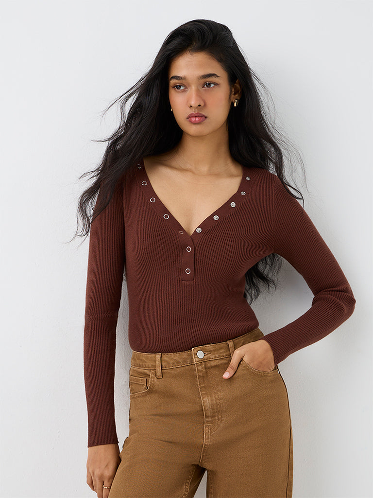 LOV Dark Brown Ribbed-Knit Top