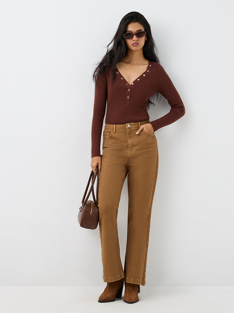 LOV Dark Brown Ribbed-Knit Top