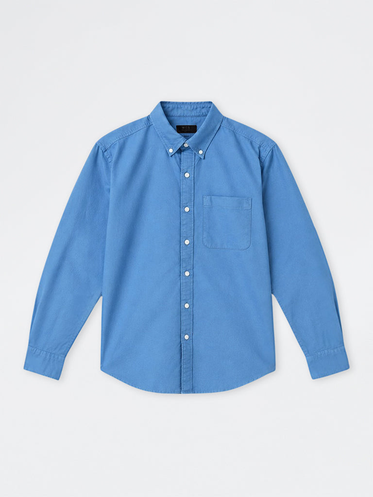 WES Casuals Blue Solid Relaxed-Fit Cotton Shirt