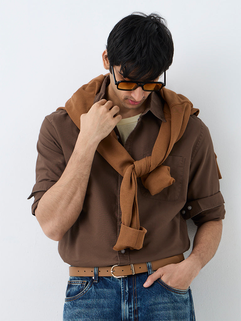 WES Casuals Brown Solid Relaxed-Fit Cotton Shirt