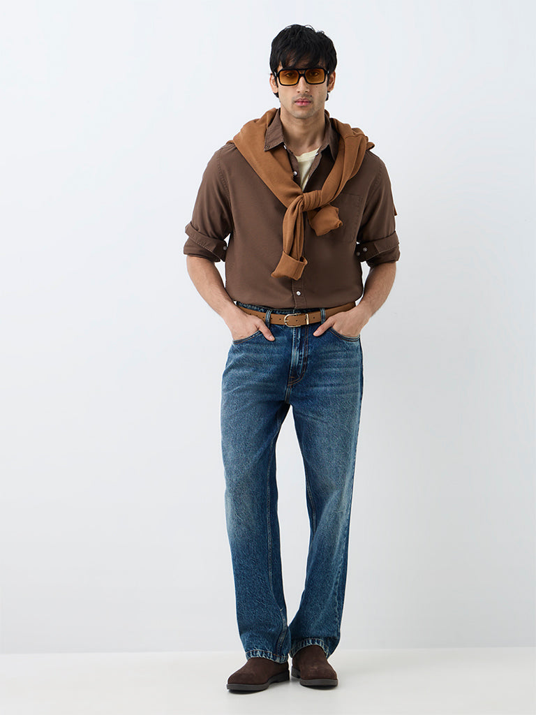 WES Casuals Brown Solid Relaxed-Fit Cotton Shirt