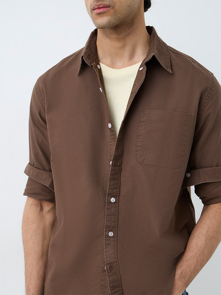 WES Casuals Brown Solid Relaxed-Fit Cotton Shirt