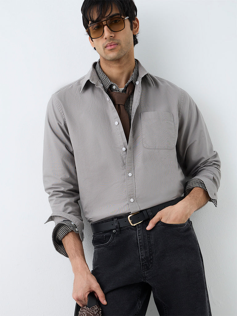 WES Casuals Grey Solid Relaxed-Fit Cotton Shirt