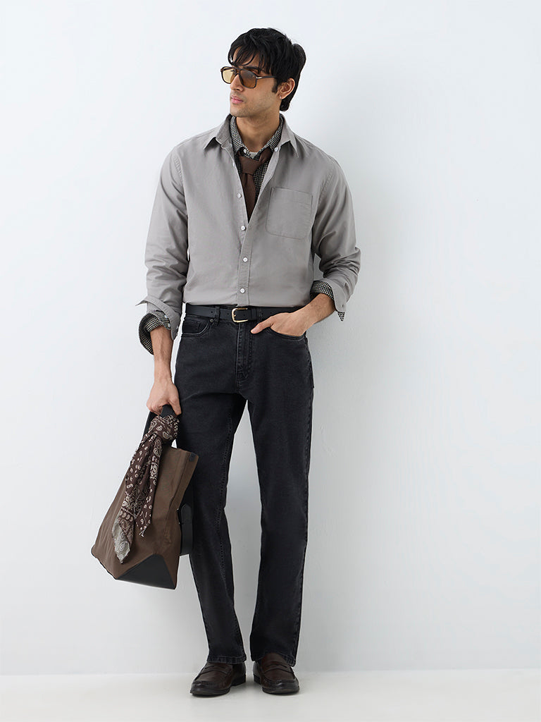 WES Casuals Grey Solid Relaxed-Fit Cotton Shirt