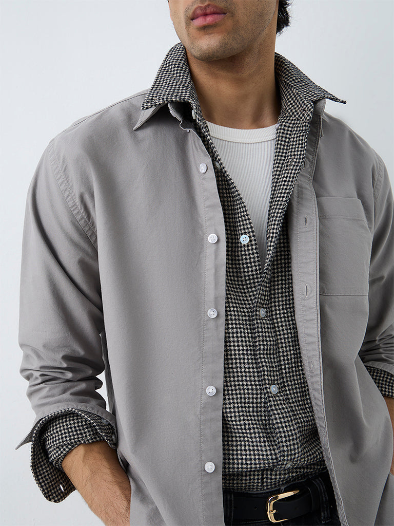 WES Casuals Grey Solid Relaxed-Fit Cotton Shirt