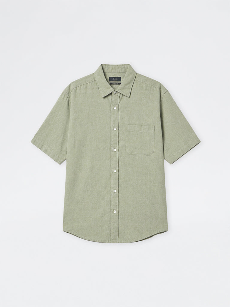 WES Casuals Dark Sage Relaxed-Fit Linen-Blend Shirt