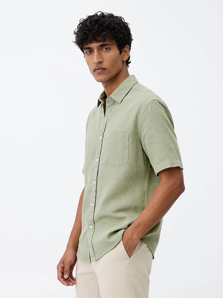 WES Casuals Dark Sage Relaxed-Fit Linen-Blend Shirt