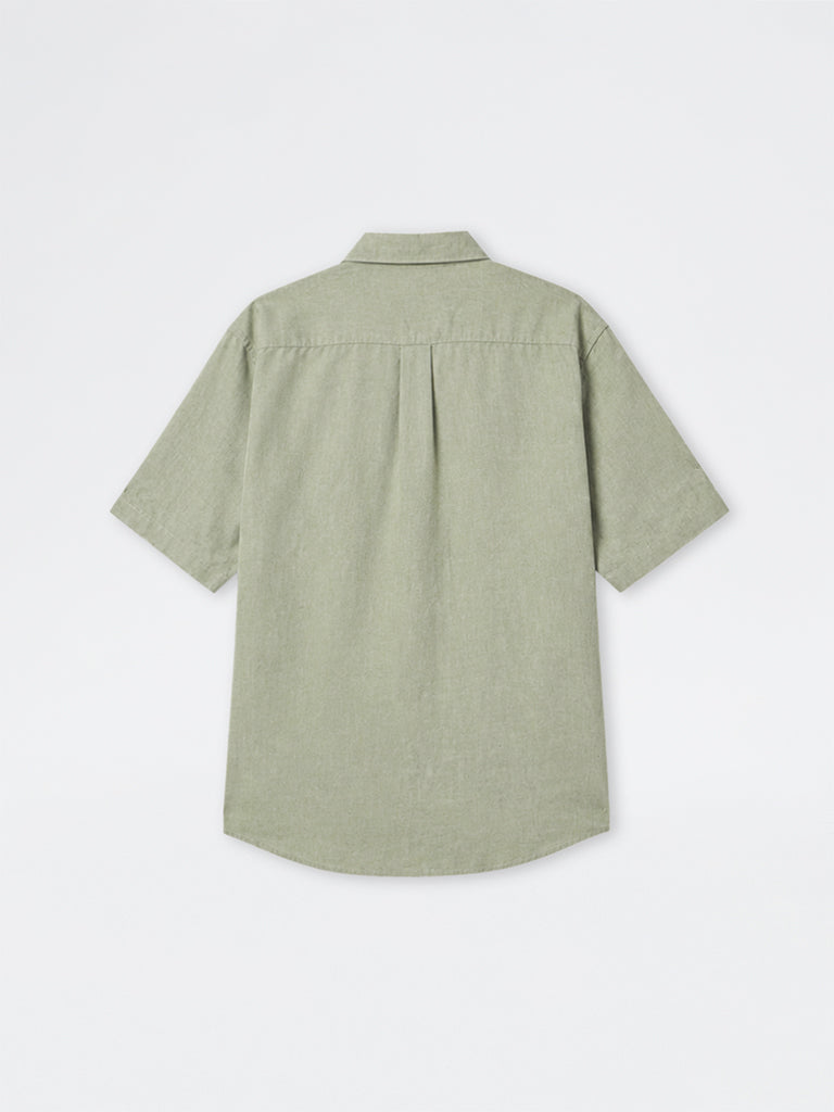 WES Casuals Dark Sage Relaxed-Fit Linen-Blend Shirt