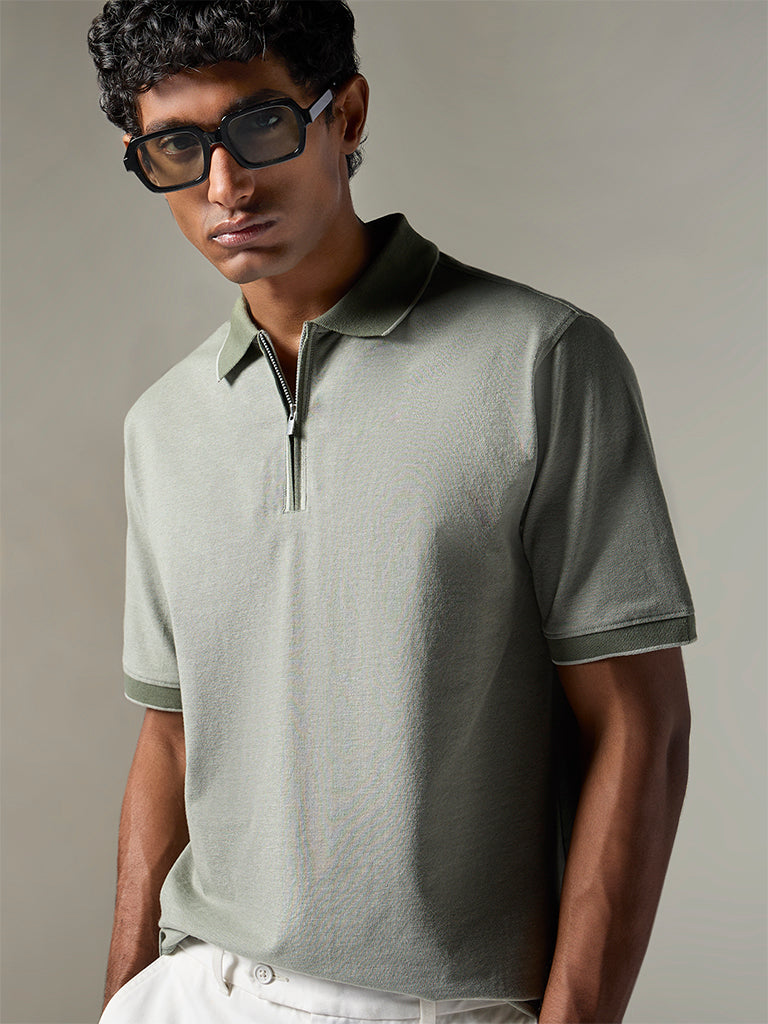 WES Casuals Sage Relaxed-Fit Cotton-Blend Quarter-Zip Polo T-Shirt