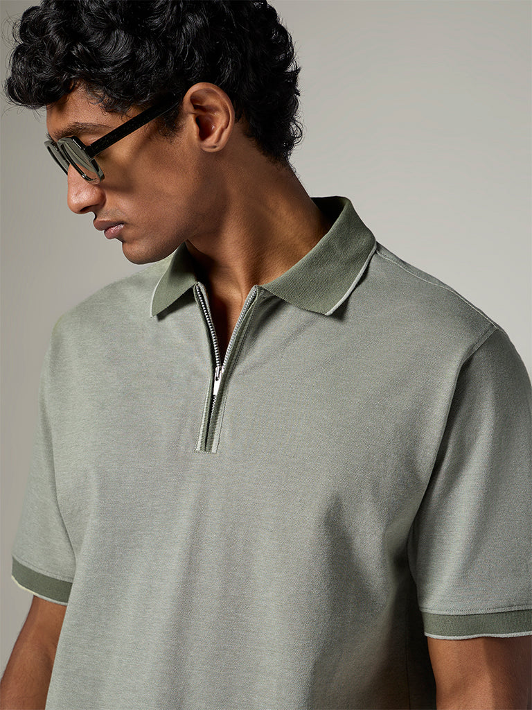WES Casuals Sage Relaxed-Fit Cotton-Blend Quarter-Zip Polo T-Shirt