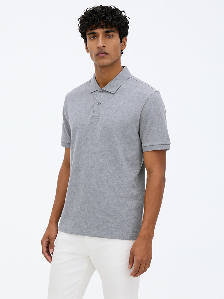 WES Casuals Grey Melange Relaxed-Fit Cotton-Blend Polo T-Shirt