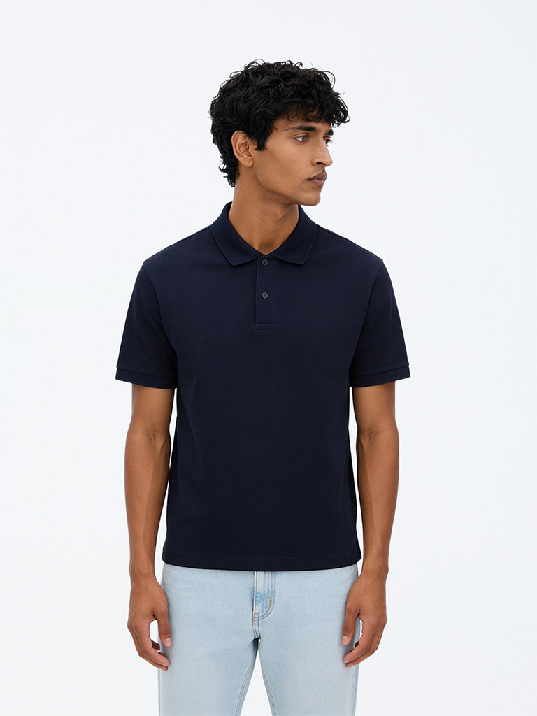 WES Casuals Navy Relaxed-Fit Cotton-Blend Polo T-Shirt