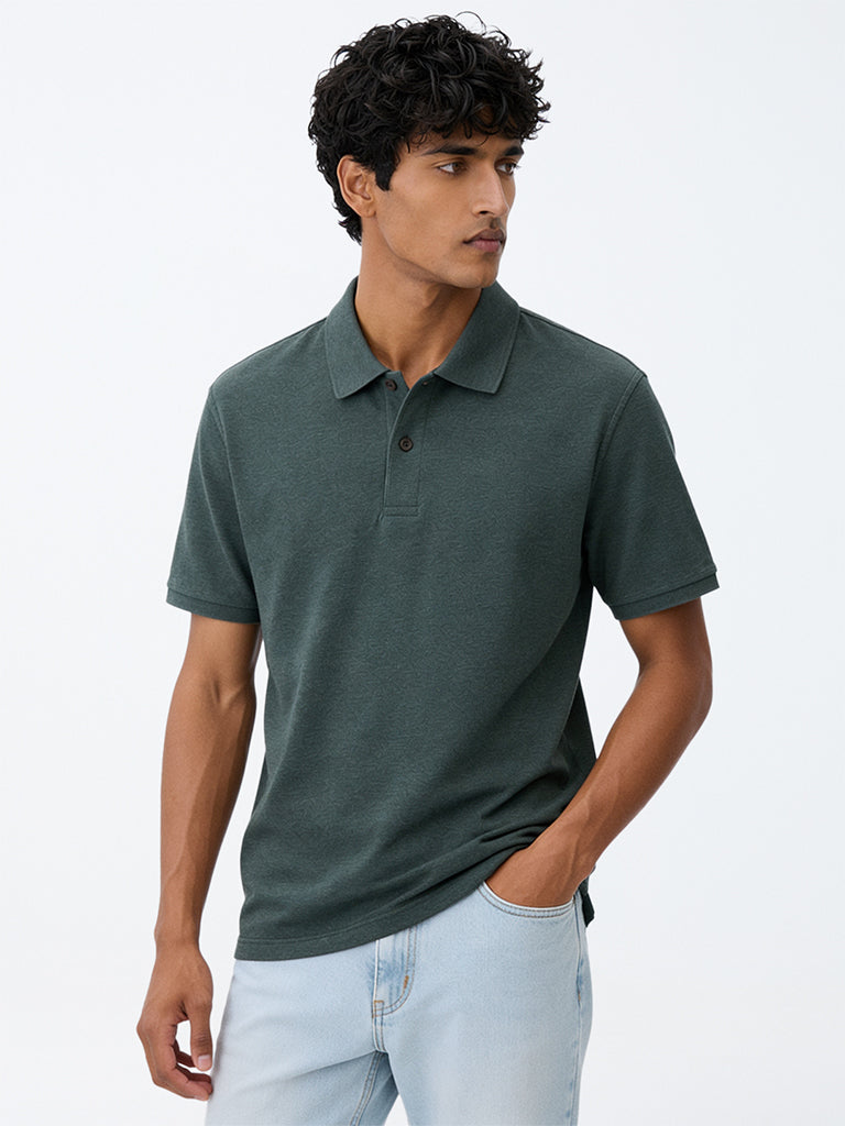 WES Casuals Dark Green Melange Relaxed-Fit Cotton-Blend Polo T-Shirt