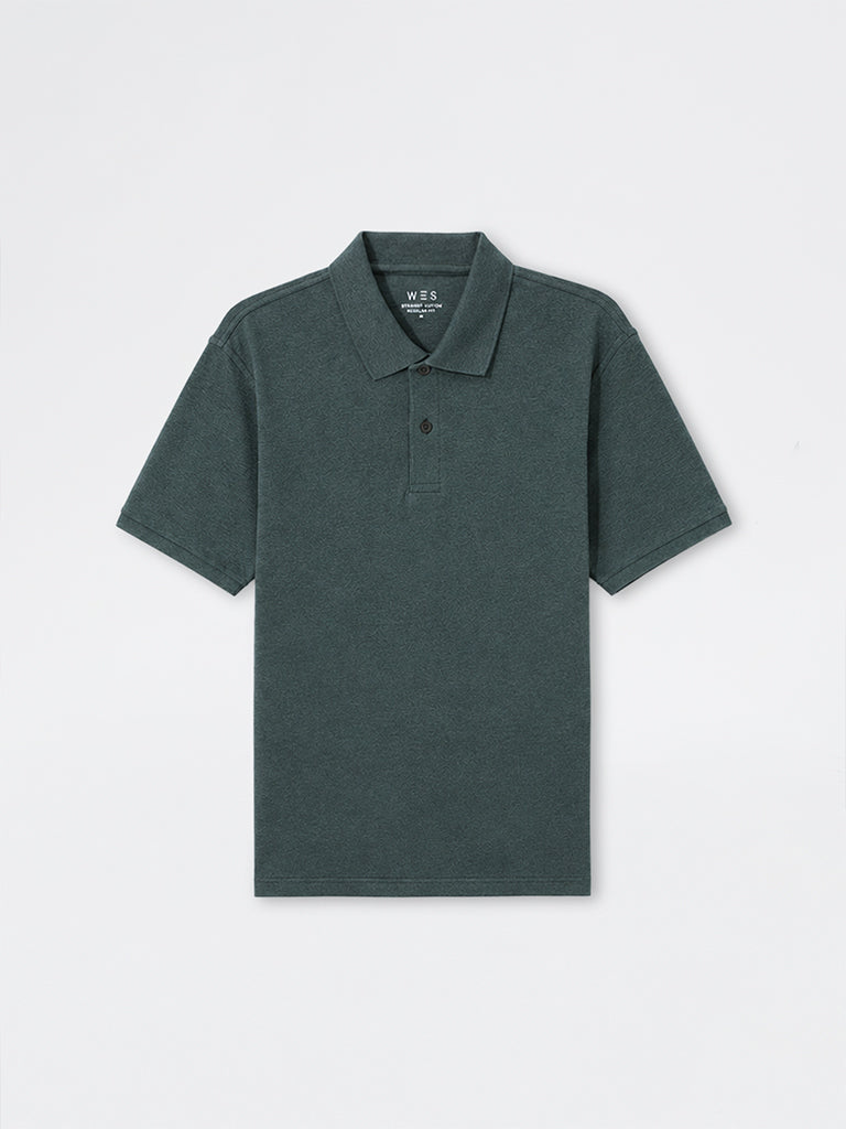 WES Casuals Dark Green Melange Relaxed-Fit Cotton-Blend Polo T-Shirt