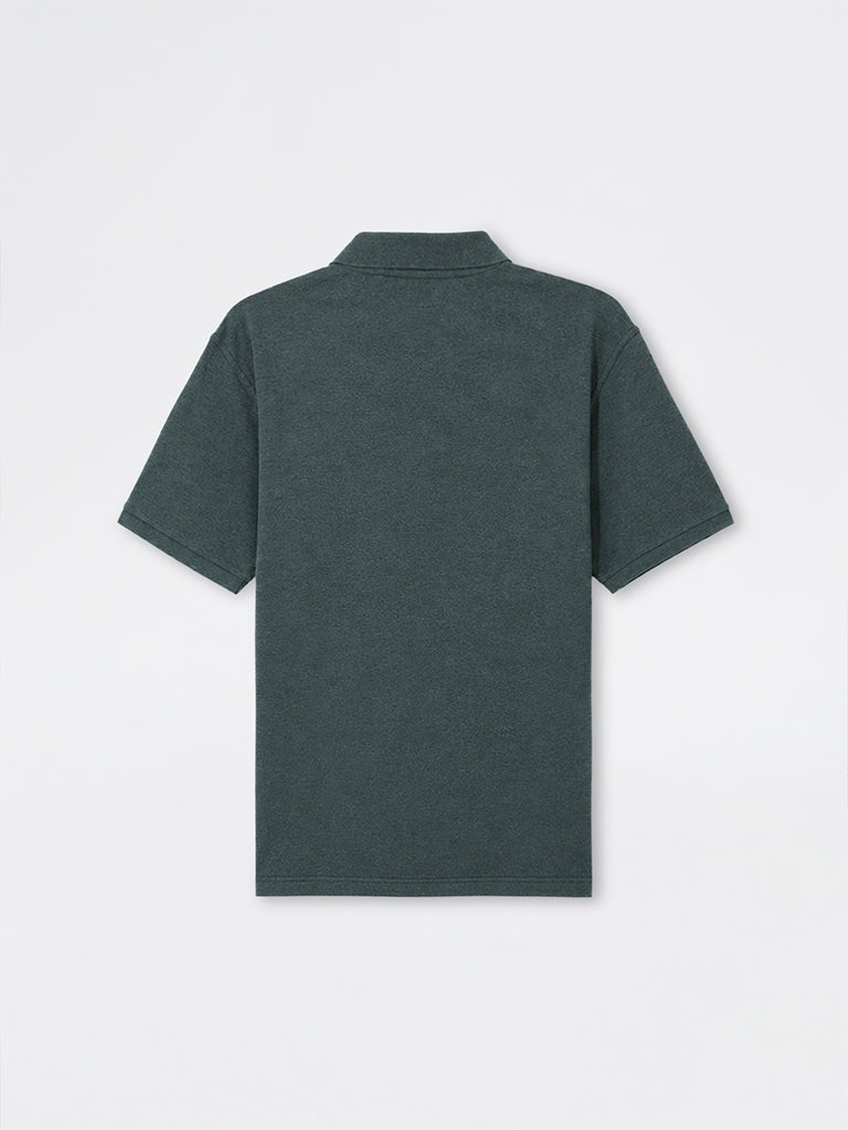 WES Casuals Dark Green Melange Relaxed-Fit Cotton-Blend Polo T-Shirt