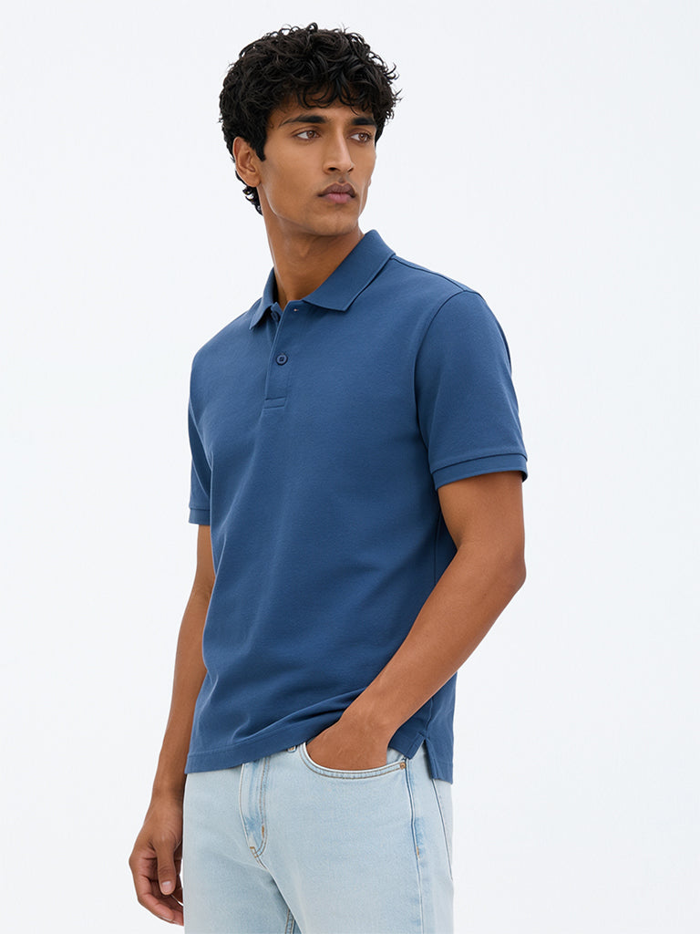 WES Casuals Blue Relaxed-Fit Cotton-Blend Polo T-Shirt
