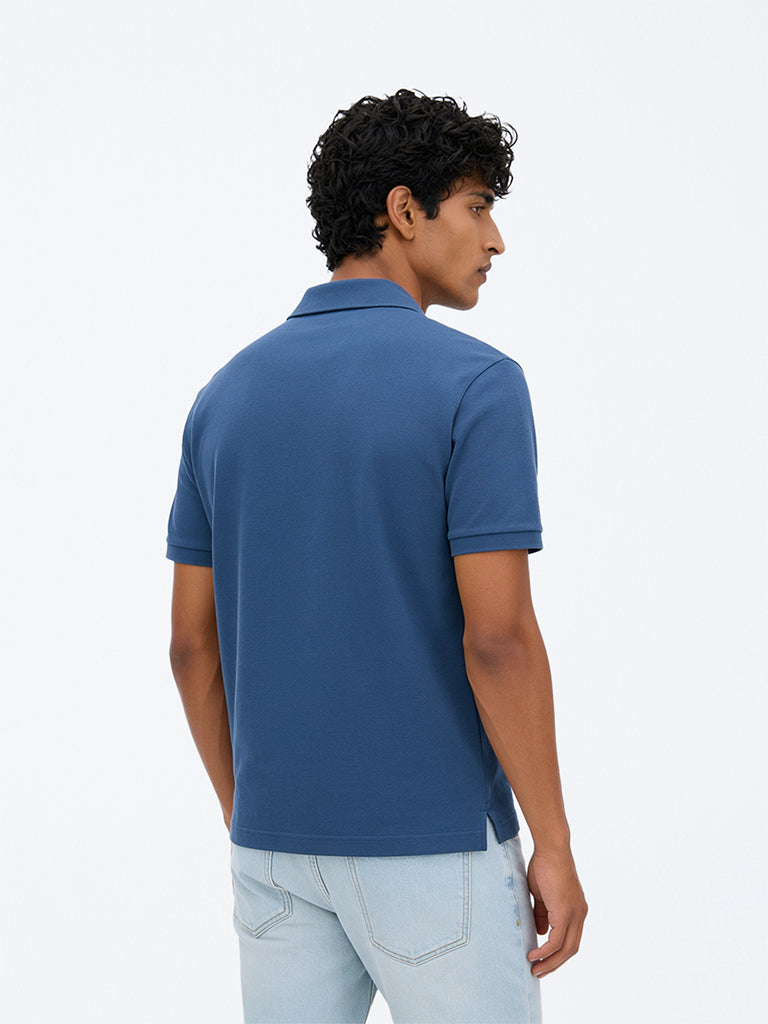 WES Casuals Blue Relaxed-Fit Cotton-Blend Polo T-Shirt