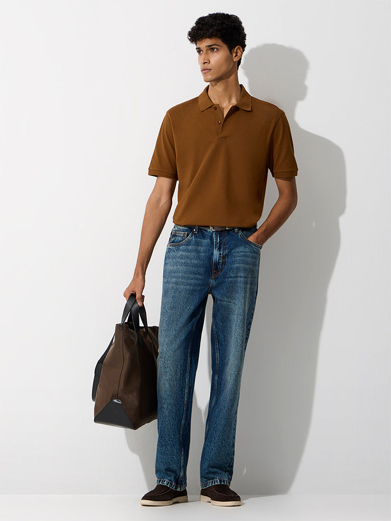 WES Casuals Brown Relaxed-Fit Cotton-Blend Polo T-Shirt