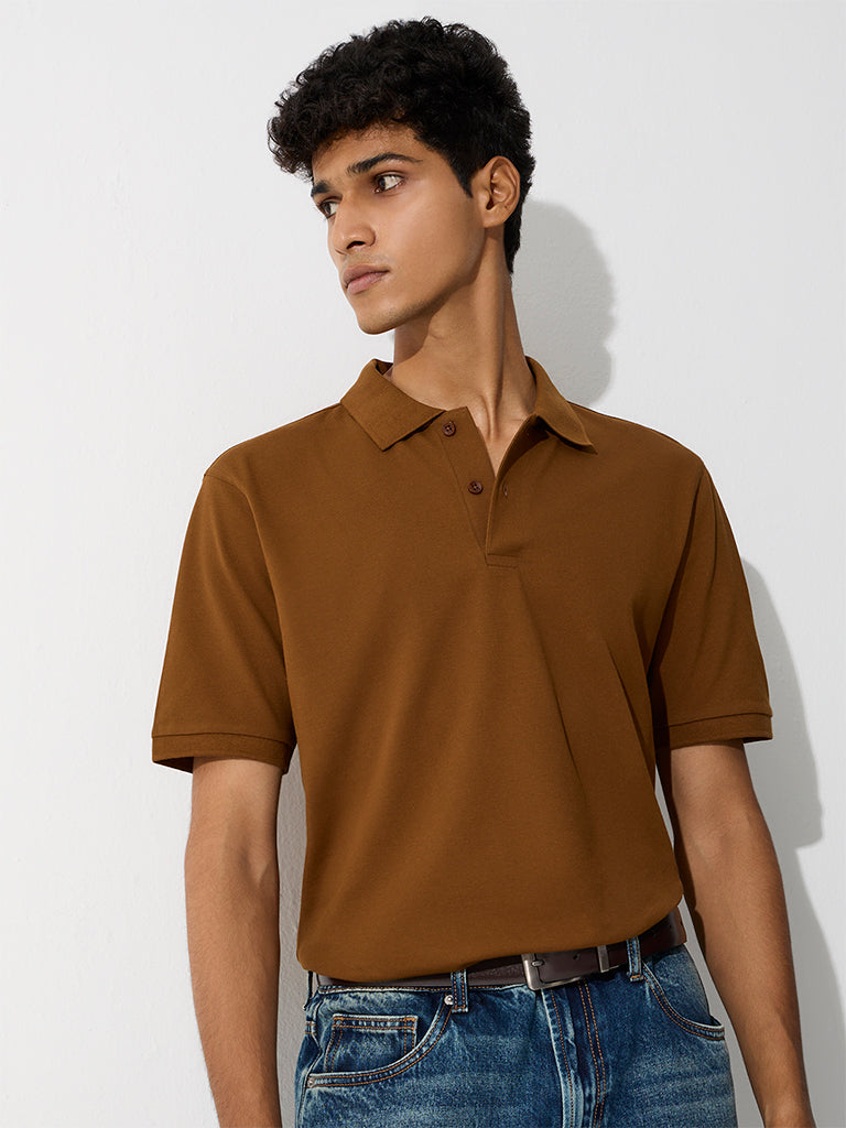 WES Casuals Brown Relaxed-Fit Cotton-Blend Polo T-Shirt