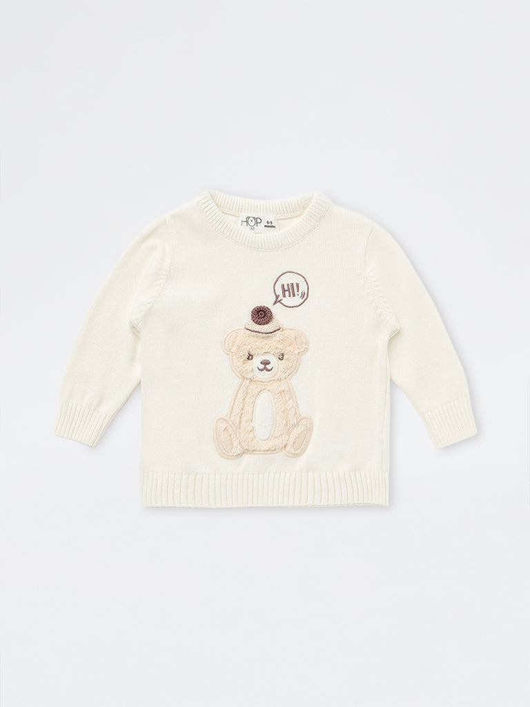 HOP Baby Boys Off-White Teddy Design Knitted Cotton Sweater