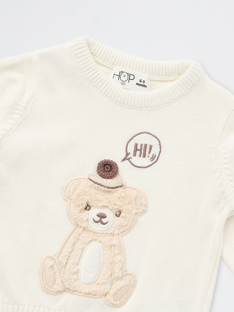 HOP Baby Boys Off-White Teddy Design Knitted Cotton Sweater