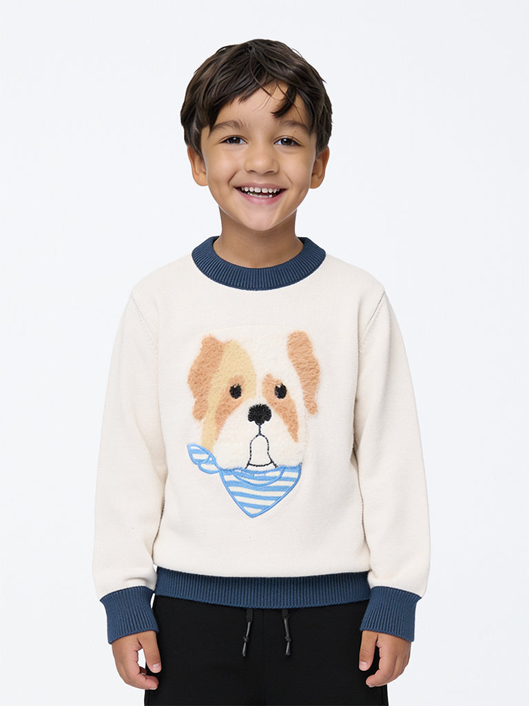 HOP Kids Boys Off-White Dog Embroidered Cotton-Blend Sweater