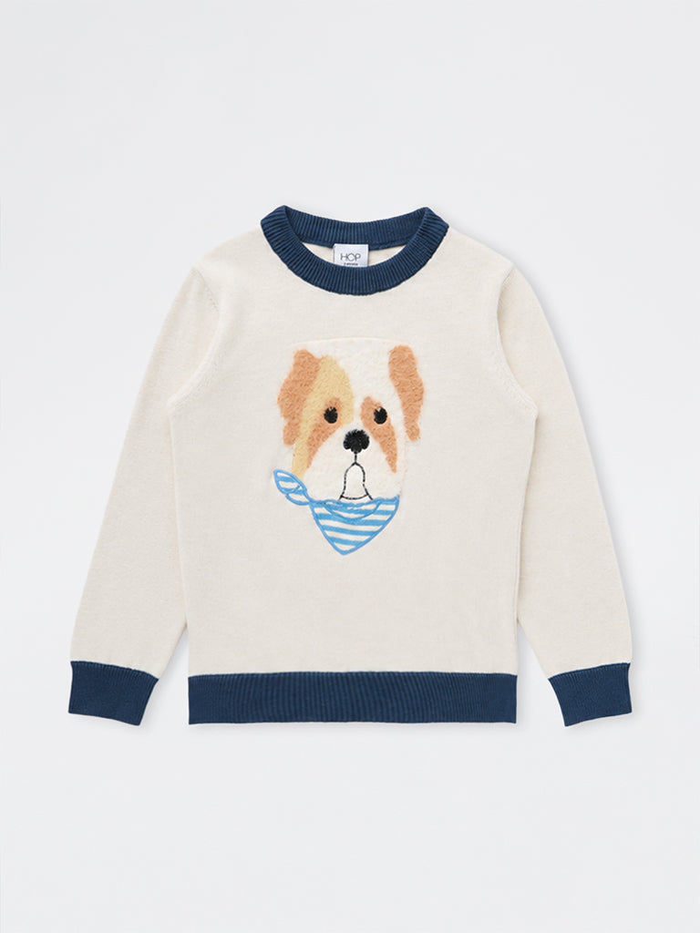 HOP Kids Boys Off-White Dog Embroidered Cotton-Blend Sweater