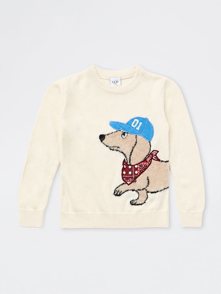 HOP Kids Boys Cream Dog Embroidered Knitted Sweater