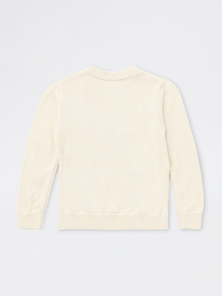 HOP Kids Boys Cream Dog Embroidered Knitted Sweater