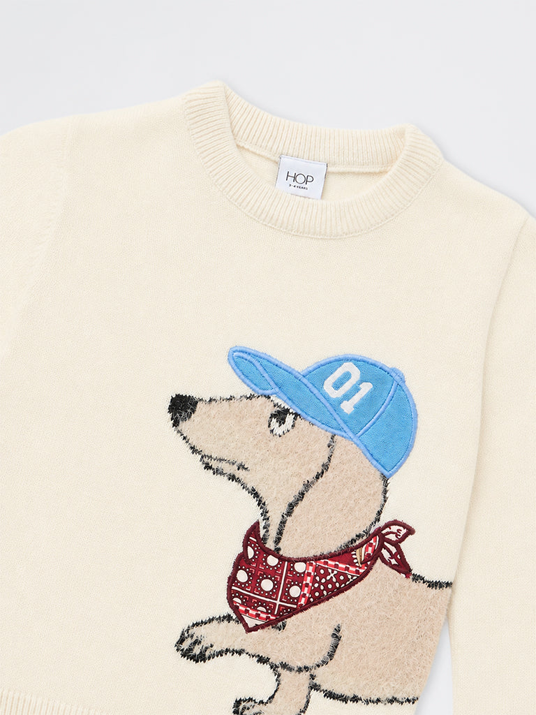 HOP Kids Boys Cream Dog Embroidered Knitted Sweater