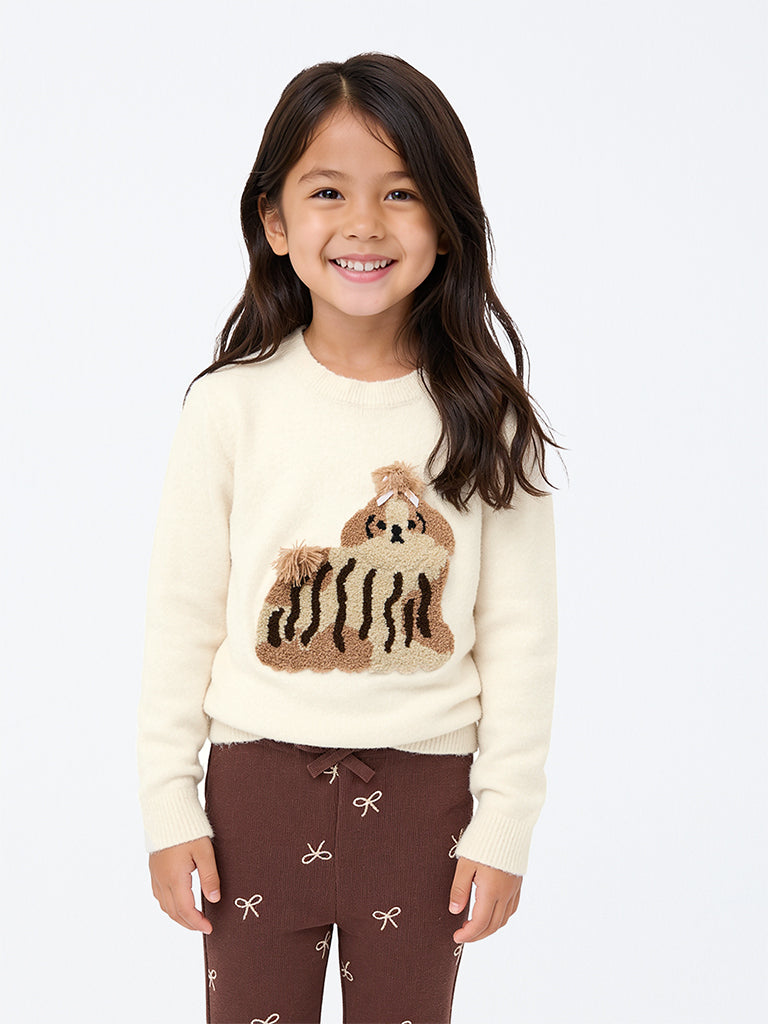 HOP Kids Girls Off-White Dog Embroidered Sweater