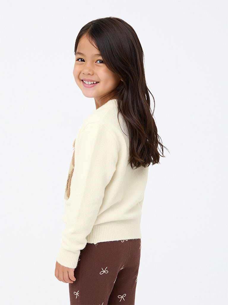 HOP Kids Girls Off-White Dog Embroidered Sweater