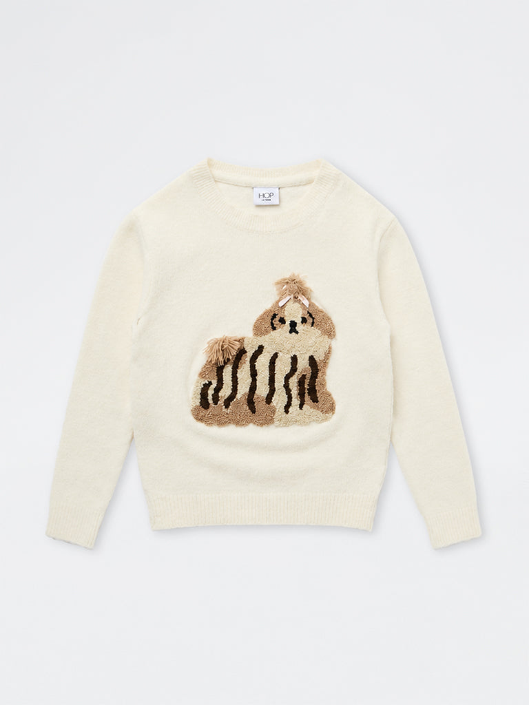 HOP Kids Girls Off-White Dog Embroidered Sweater