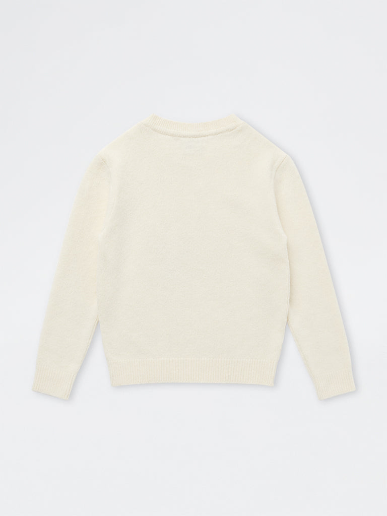 HOP Kids Girls Off-White Dog Embroidered Sweater