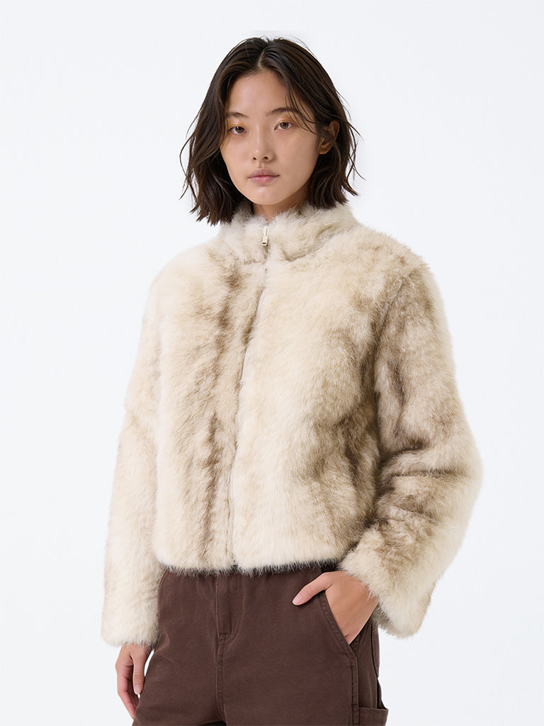 Y&F Kids Girls Beige Faux-Fur Jacket