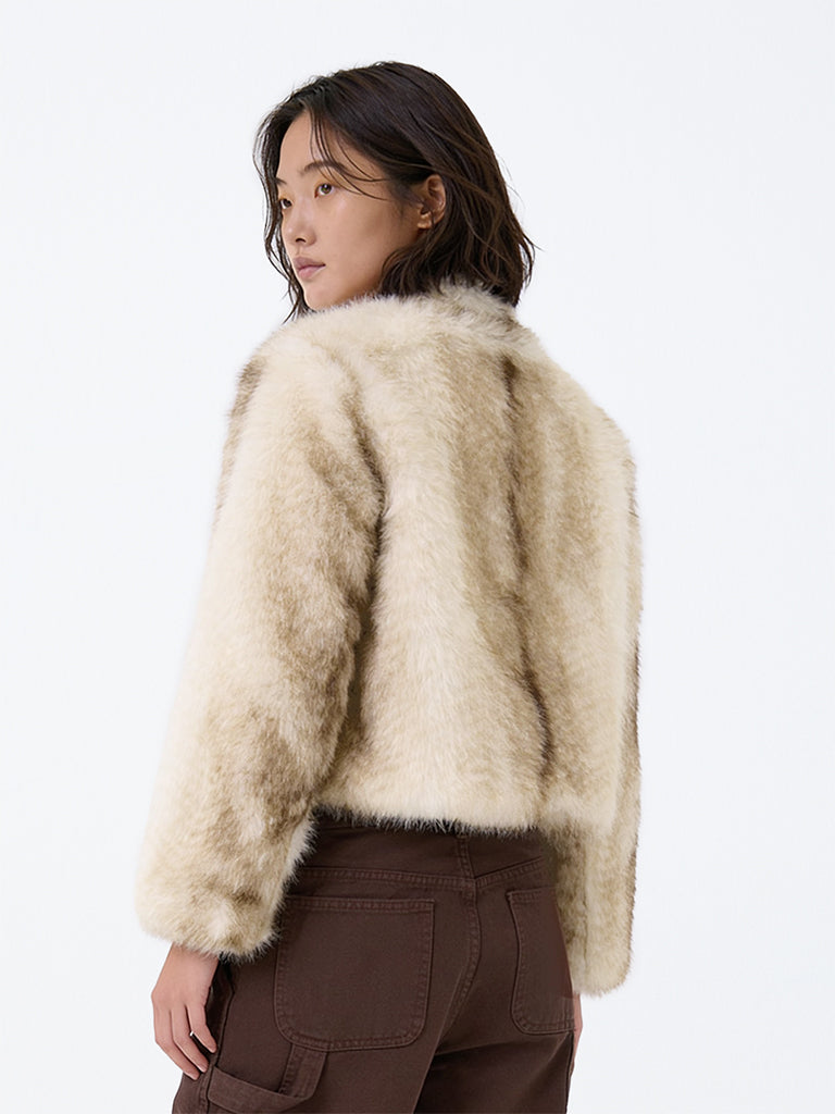 Y&F Kids Girls Beige Faux-Fur Jacket