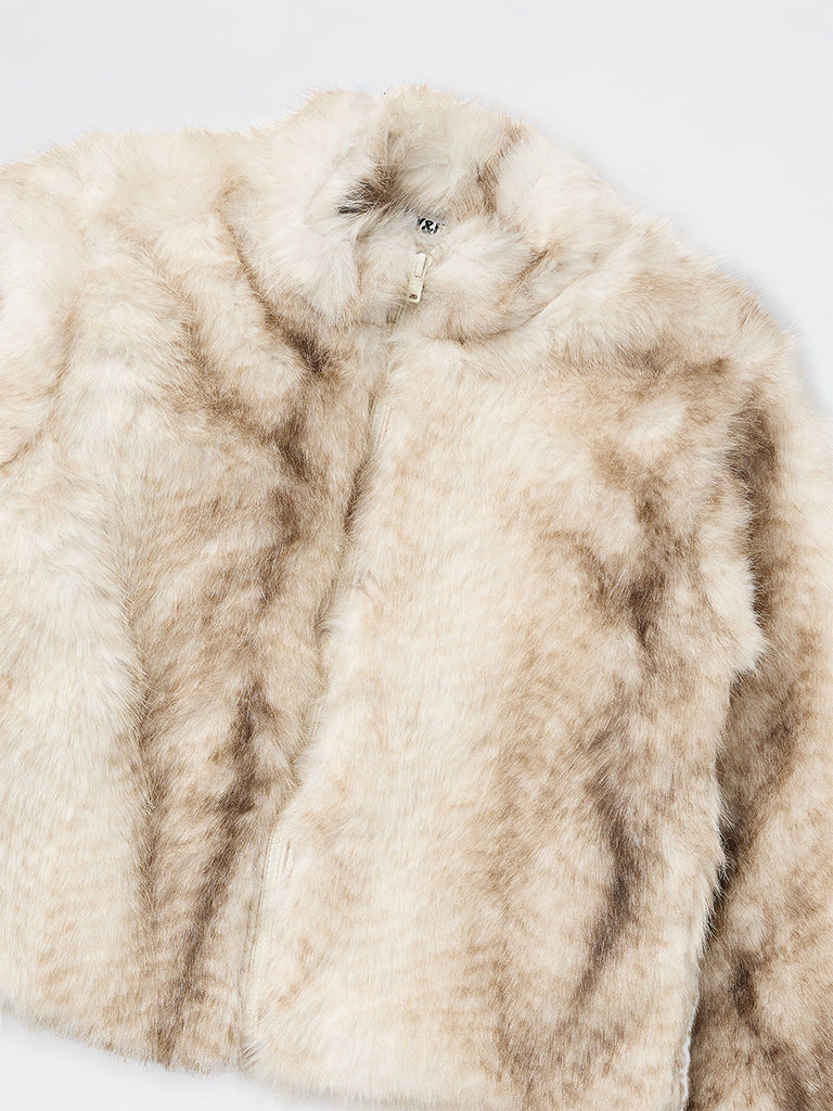 Y&F Kids Girls Beige Faux-Fur Jacket