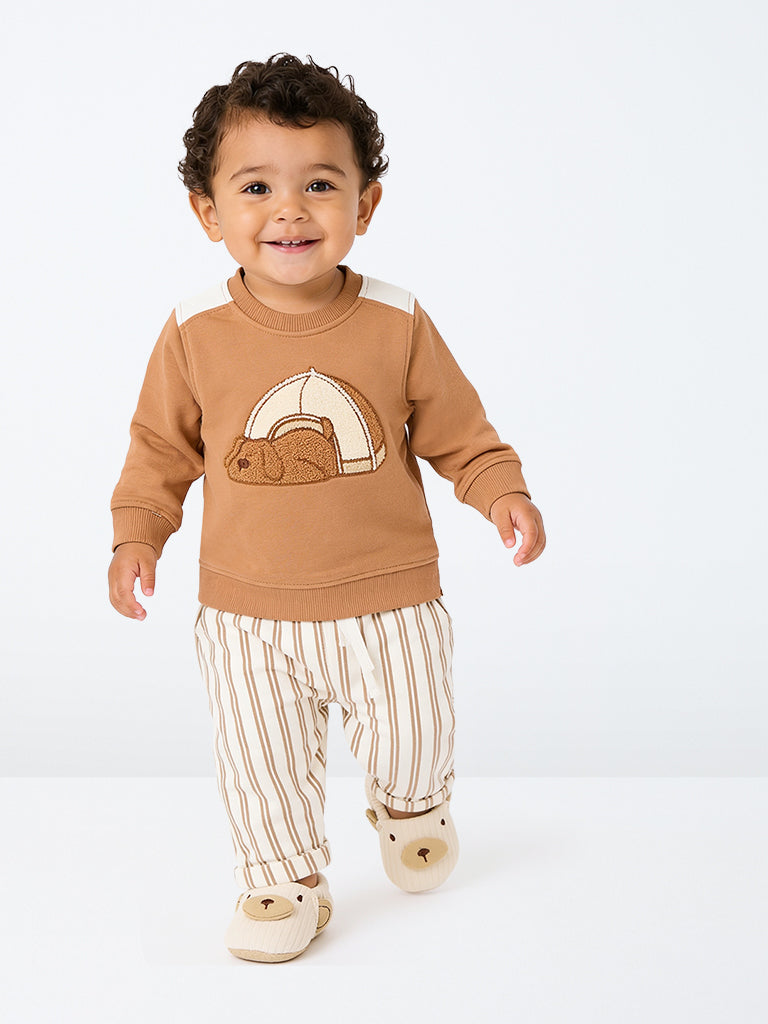 HOP Baby Boys Light Brown Dog Embroidered Cotton-Blend Sweatshirt and Pants