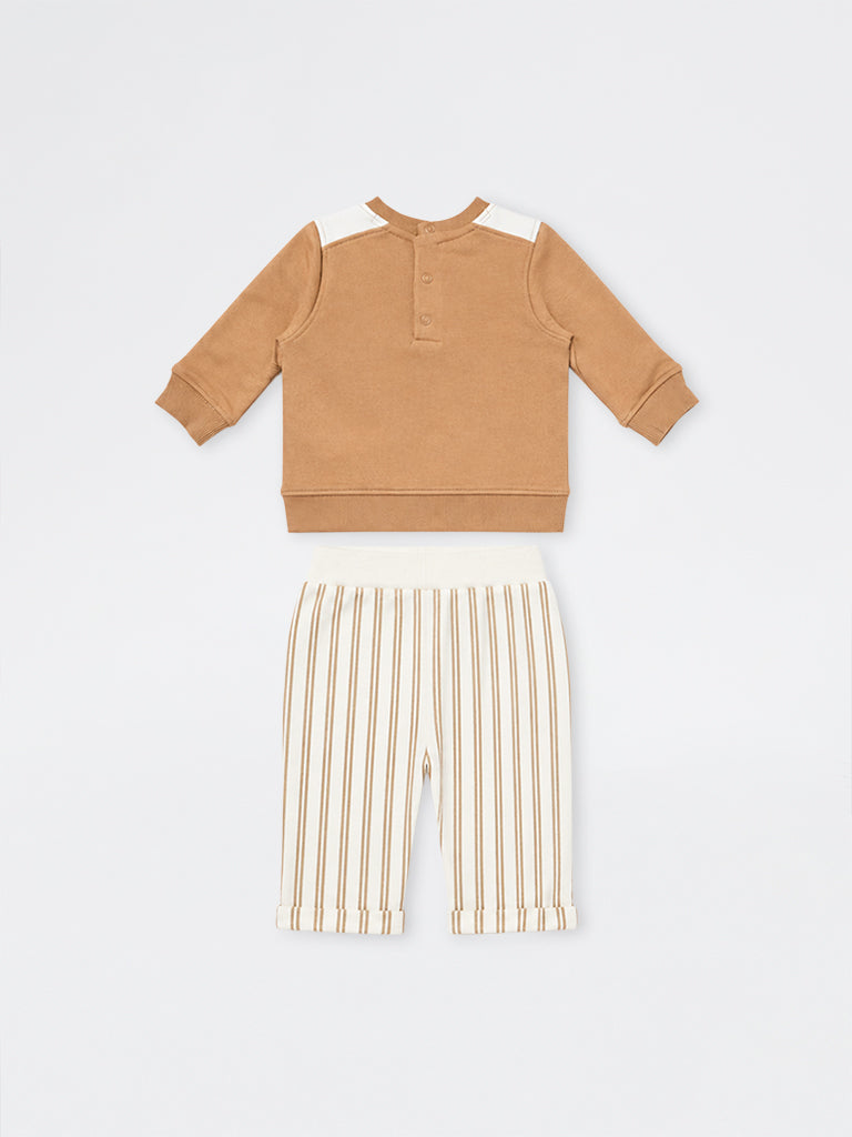 HOP Baby Boys Light Brown Dog Embroidered Cotton-Blend Sweatshirt and Pants