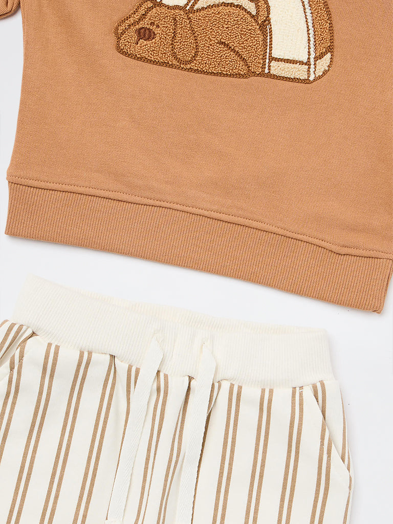 HOP Baby Boys Light Brown Dog Embroidered Cotton-Blend Sweatshirt and Pants