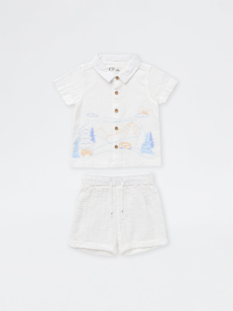 HOP Baby Boys White Nature-Inspired Cotton Shirt and Shorts Set