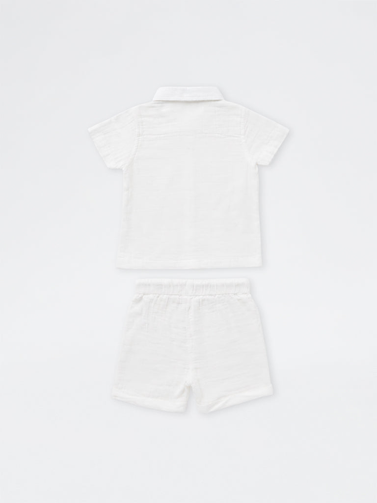 HOP Baby Boys White Nature-Inspired Cotton Shirt and Shorts Set