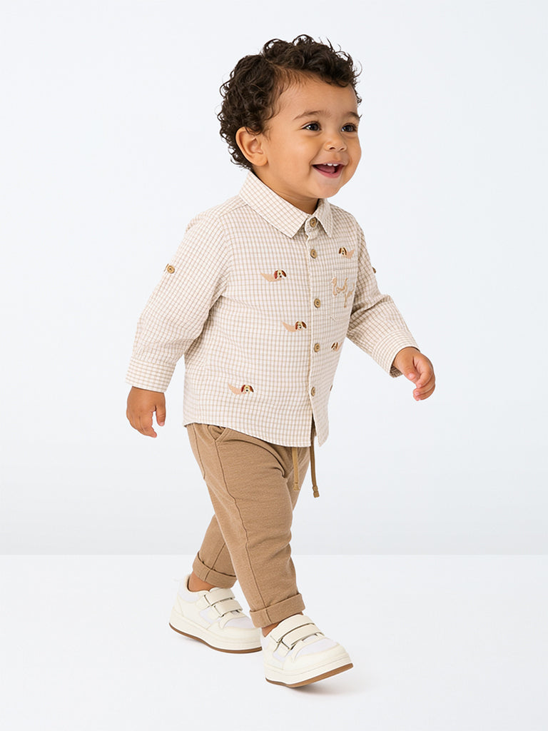 HOP Baby Boys Brown Checkered Cotton Shirt and Pants Set