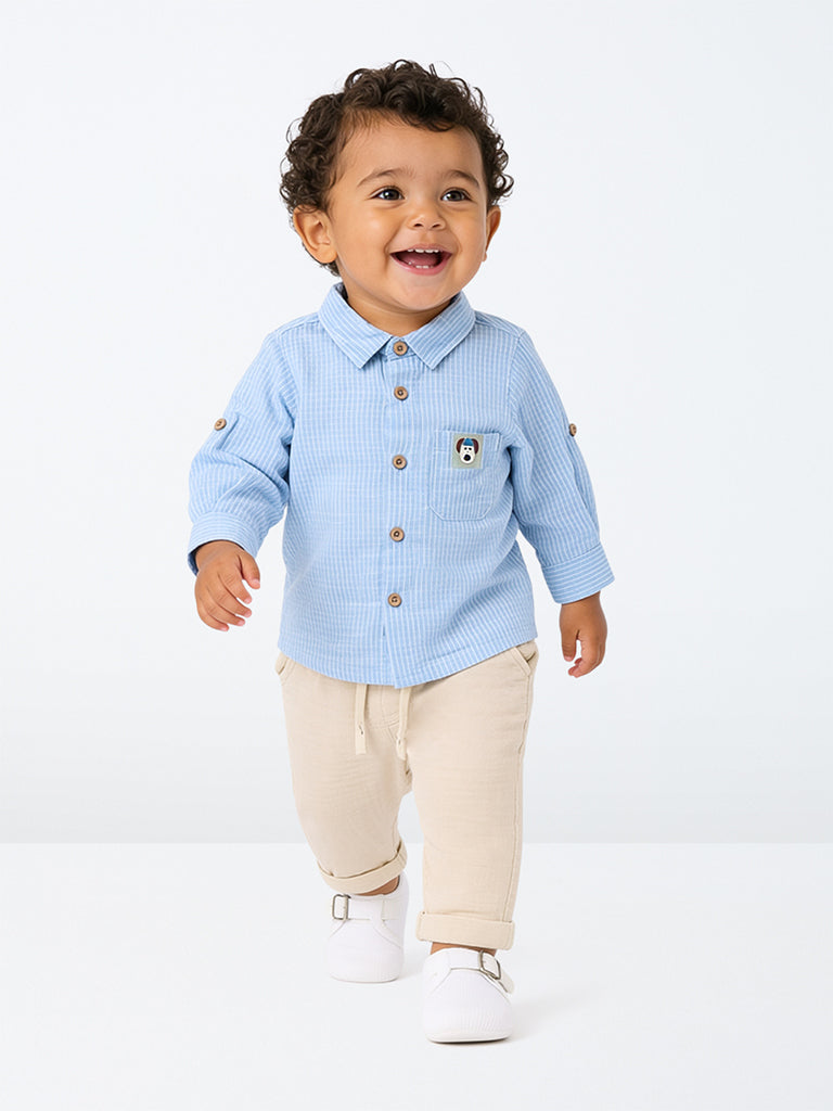 HOP Baby Boys Blue Striped Cotton Shirt and Pants Set
